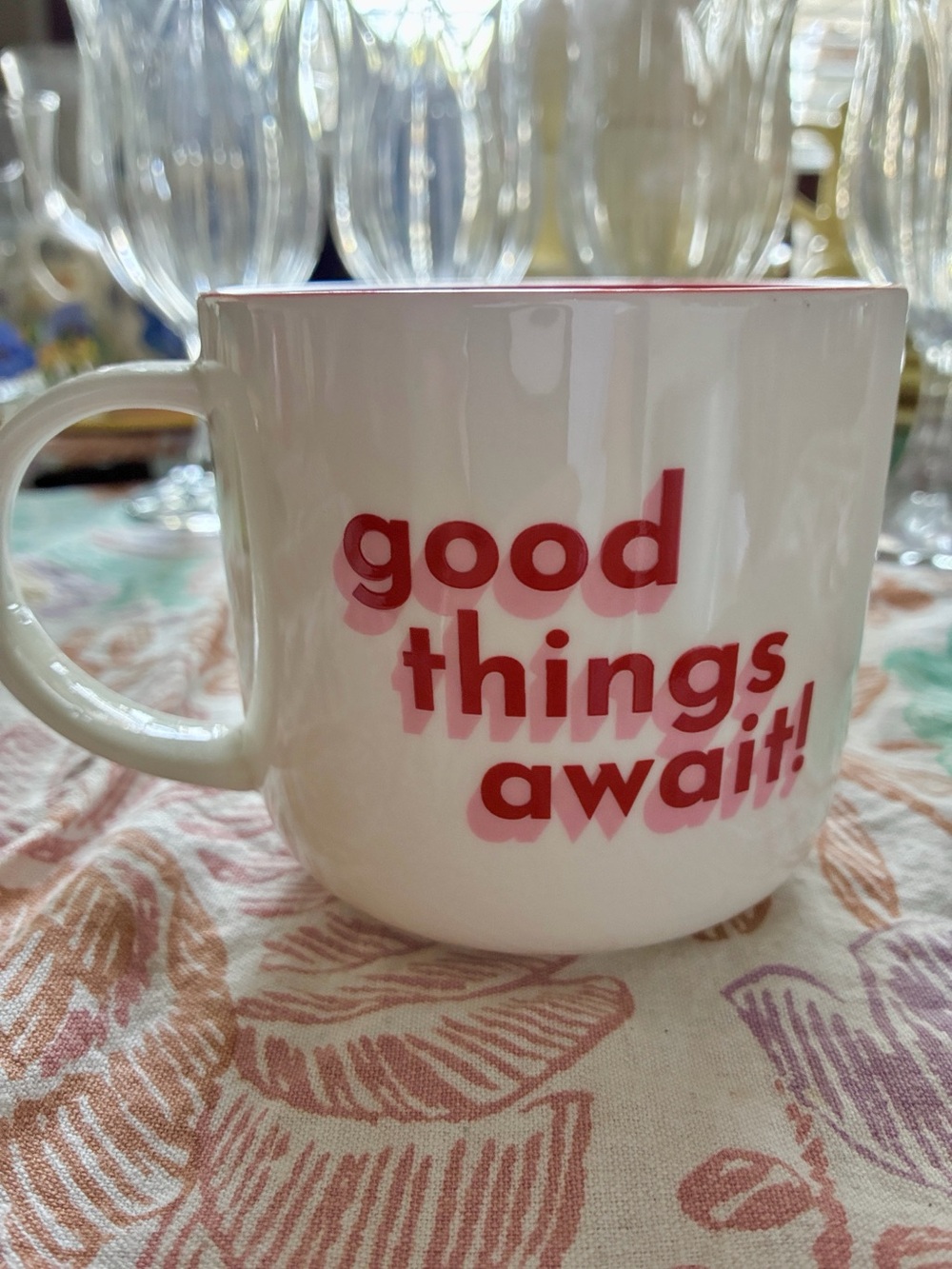 “Good Things Await!” Mug by Parker Lane. NWOT White & Red, with pink&red writing